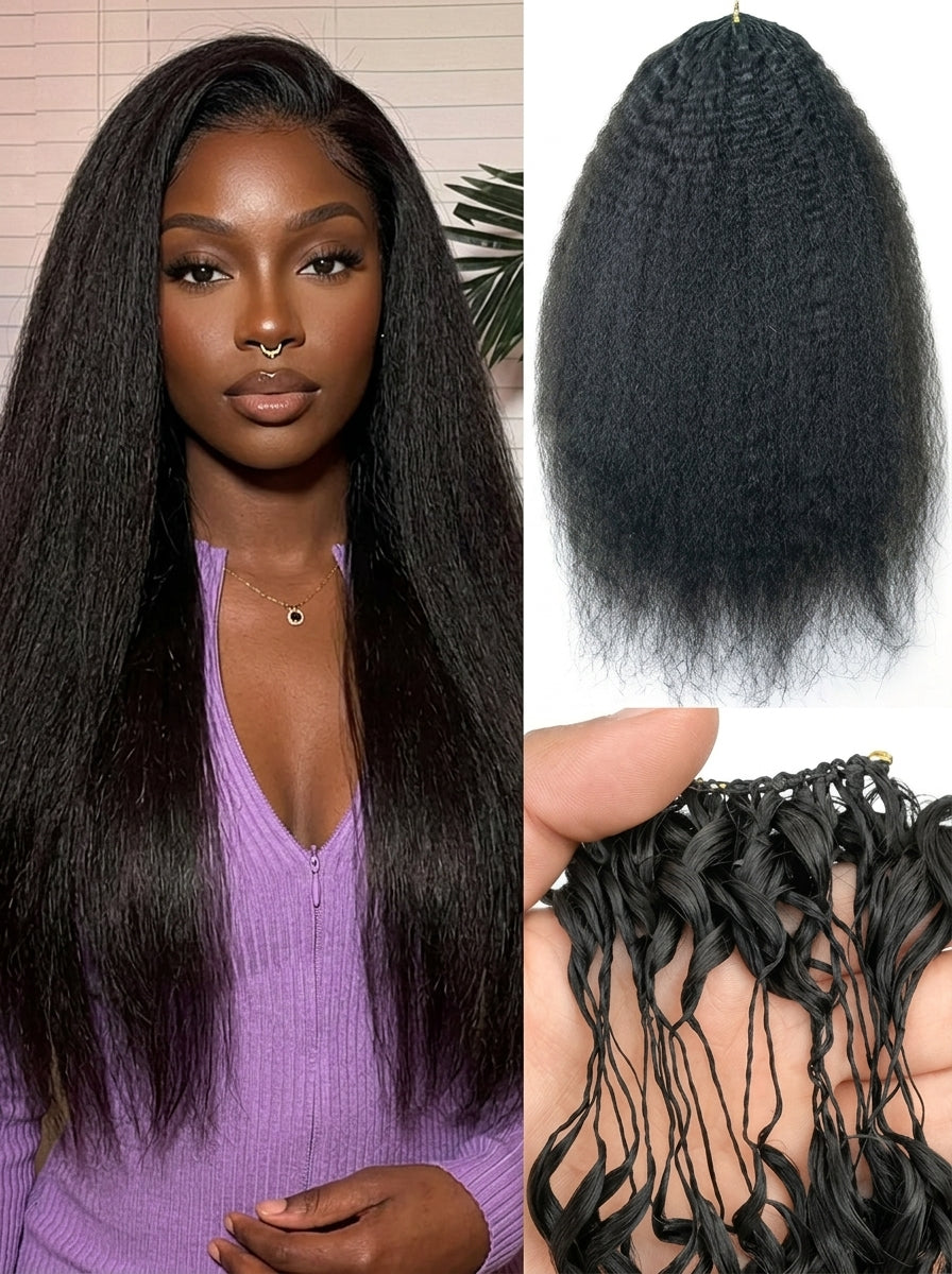 Woman with long black hair and close-up of human hair kinky straight extensions on a white background