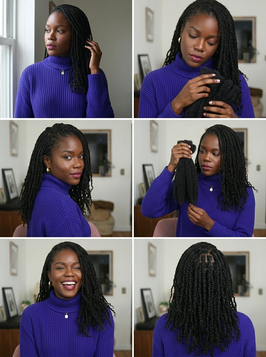 Woman styling her hair in a series of six images.